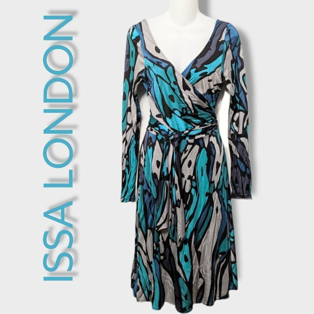 ISSA LONDON Opt Art Graphic Print Silk Jersey Wrap Dress 8